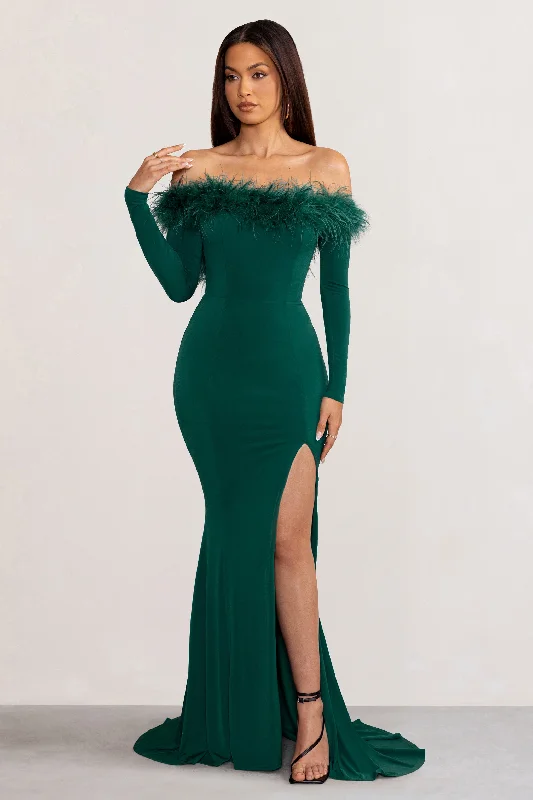 Maxi Dresses for Fun Trips -Lucilu | Bottle Green Feather Bardot Long Sleeve Maxi Dress with Side Split