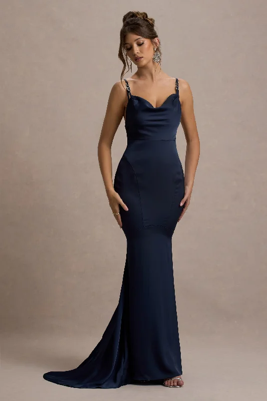 Luxe-Fabric Maxi Dresses -Made With Love | Navy Satin Strappy Fishtail Maxi Dress