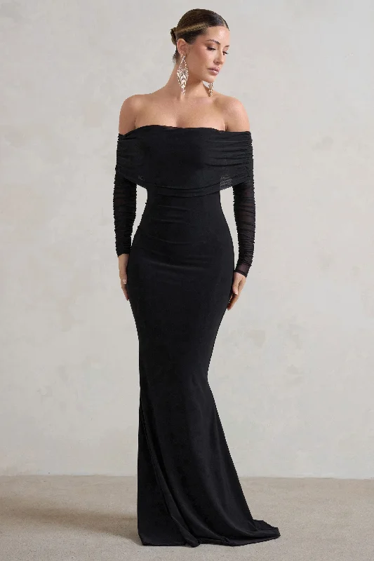 Cotton Maxi Dresses for Ease -Madeleine | Black Fishtail Maxi Dress With Bardot Mesh Long Sleeves