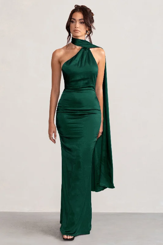 Tassel-Detail Maxi Dresses -Mademoiselle | Bottle Green Satin Asymmetric Scarf Neck Backless Maxi Dress