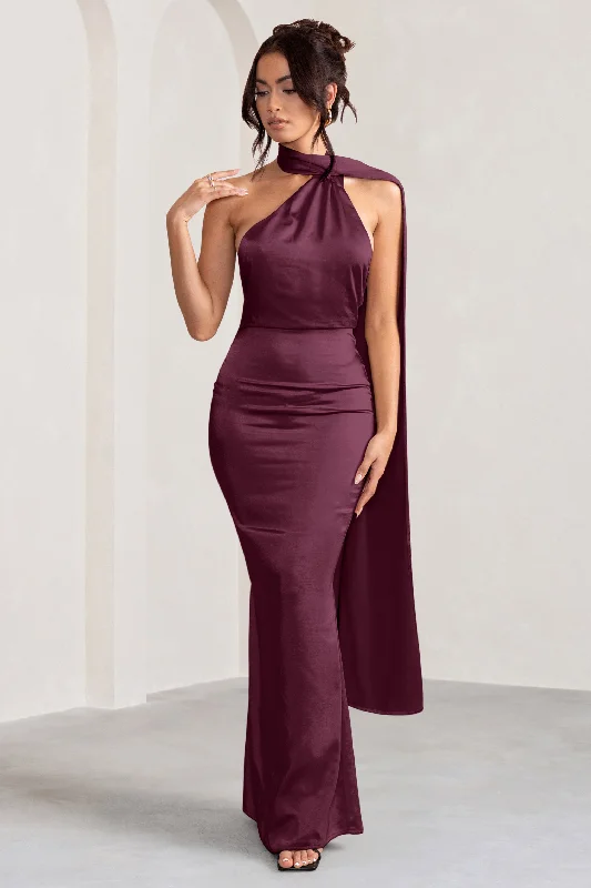 Bold-Print Maxi Dresses -Mademoiselle | Burgundy Satin Asymmetric Scarf Neck Backless Maxi Dress