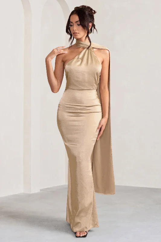 Crisscross-Back Maxi Dresses -Mademoiselle | Champagne Satin Asymmetric Scarf Neck Backless Maxi Dress