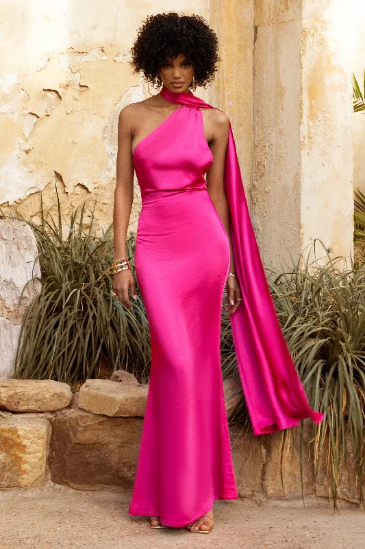 Maxi Dresses for Sunset Parties -Mademoiselle | Hot Pink Asymmetric Scarf Neck Backless Maxi Dress