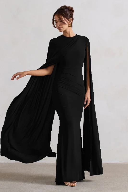 Maxi Dresses for Casual Dinners -Magdelena | Black Asymmetric Cape Maxi Dress