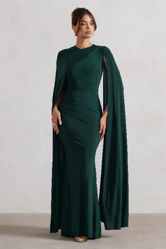 Maxi Dresses for Theme Parties -Magdelena | Bottle Green Asymmetric Cape Maxi Dress