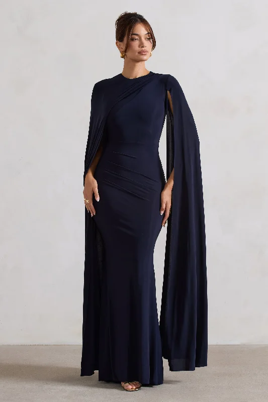 Maxi Dresses for Sunset Vibes -Magdelena | Navy Asymmetric Cape Maxi Dress