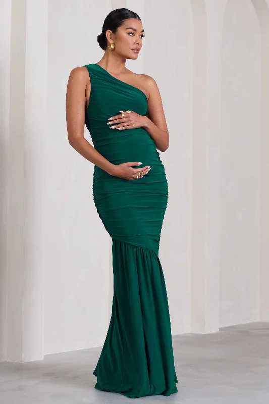 Maxi Dresses for Fun Chill -Make My Day | Bottle Green One-Shoulder Ruched Split Maternity Maxi Dress