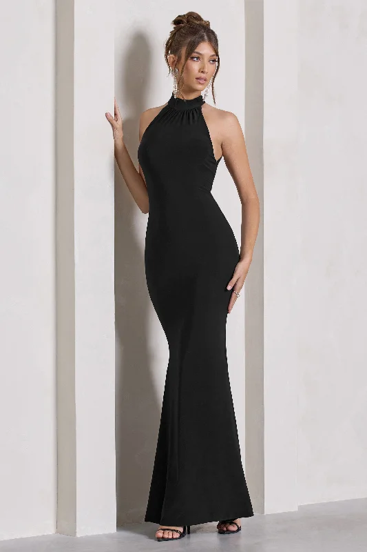 Silk Maxi Dresses -Malika | Black Sleeveless Halter-Neck Maxi Dress