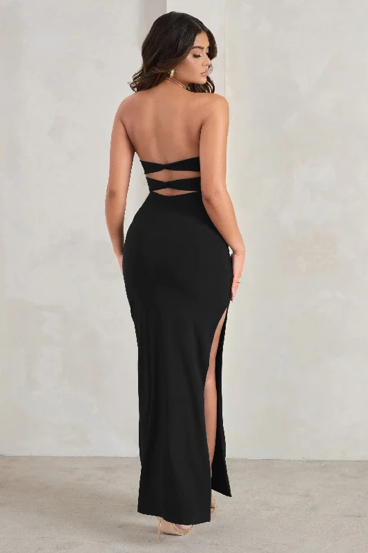 Side-Ruffle Maxi Dresses -Manon | Black Sweetheart Bandeau Maxi Dress With Thigh Split