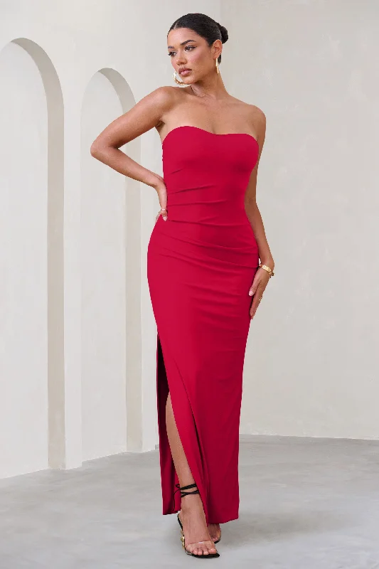 Shiny Maxi Dresses -Manon | Red Sweetheart Bandeau Maxi Dress With Thigh Split