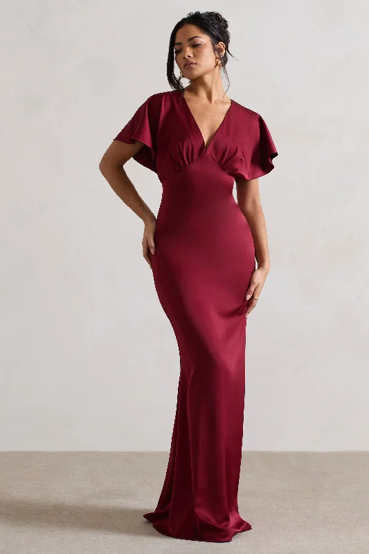 Ruffle-Sleeve Maxi Dresses -Marisa | Berry Satin V-Neck Flutter-Sleeve Maxi Dress