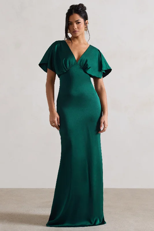 Sparkly Maxi Dresses -Marisa | Dark Green Satin V-Neck Flutter-Sleeve Maxi Dress