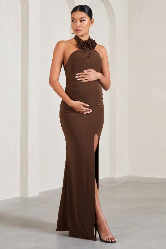 Maxi Dresses for Casual Lunches -Marissa | Chocolate Brown Halter-Neck Split Maternity Maxi Dress With Flowers