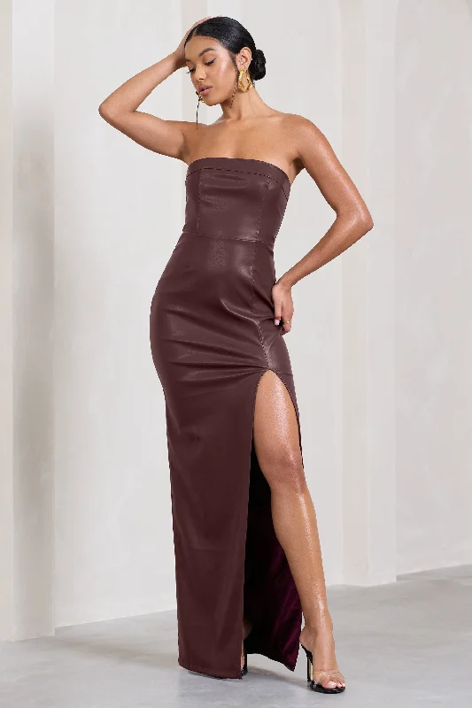 Animal-Print Maxi Dresses -Marlene | Burgundy Faux Leather Strapless Bandeau Split Maxi Dress