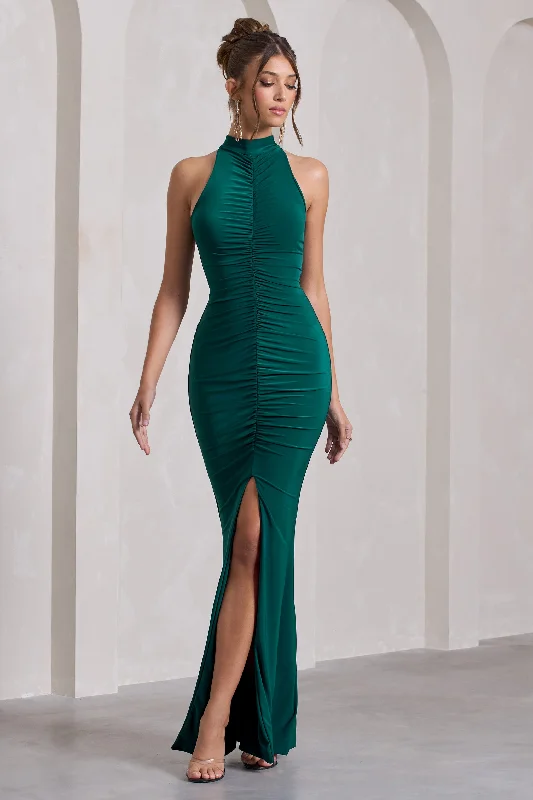 Bow-Edge Maxi Dresses -Memorable | Bottle Green Ruched High-Neck Split Maxi Dress