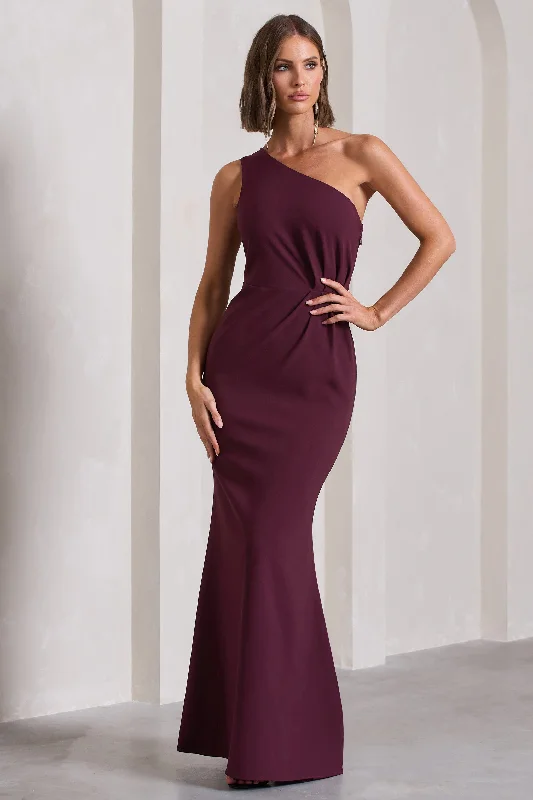 Plush-Silk Maxi Dresses -Michelle | Burgundy One-Shoulder Gathered Maxi Dress