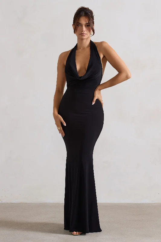 Halter Maxi Dresses for Summer -Milani | Black Backless Cowl Neck Fishtail Maxi Dress