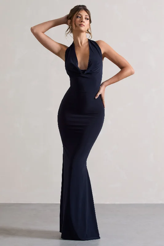 Abstract Maxi Dresses -Milani | Navy Backless Cowl Neck Fishtail Maxi Dress