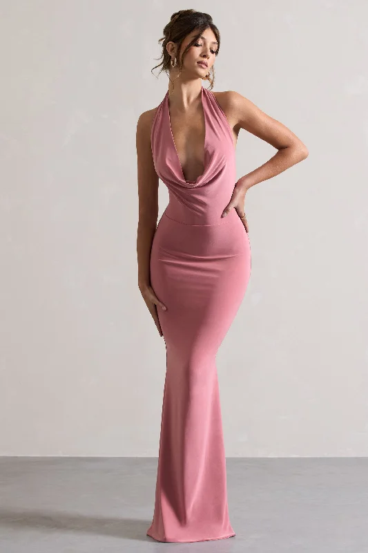 Retro-Silk Maxi Dresses -Milani | Pink Backless Cowl Neck Fishtail Maxi Dress