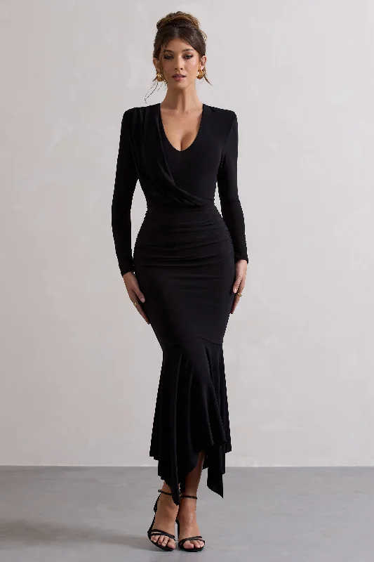 Cross-Edge Maxi Dresses -Milena | Black Plunge-Neck Maxi Dress With Draped Hem