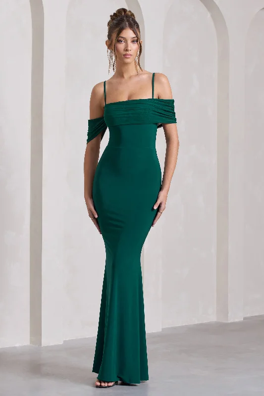 Maxi Dresses for Casual Meets -Miracle | Bottle Green Strappy Mesh Bardot Maxi Dress