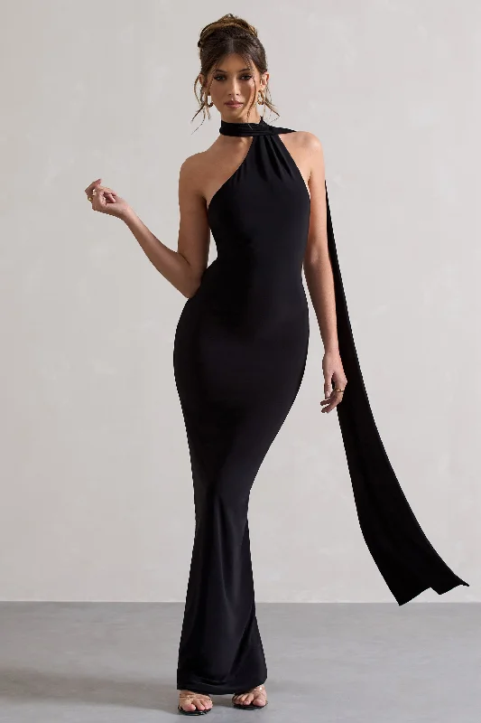 Fine-Velvet Maxi Dresses -Miss | Black One Shoulder Backless Maxi Dress With Scarf