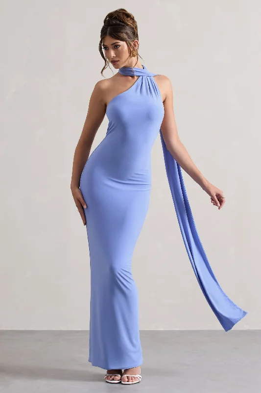 Lace-Up-Back Maxi Dresses -Miss | Pale Blue One Shoulder Backless Maxi Dress With Scarf