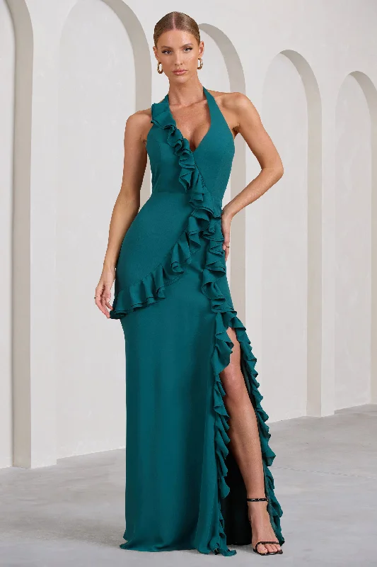 Warm-Velvet Maxi Dresses -Morning | Bottle Green Ruffled Halter-Neck Split Maxi Dress