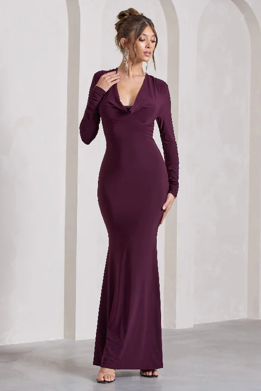 Twist-Back Maxi Dresses -My Attention | Plum Plunge Cowl-Neck Long-Sleeve Maxi Dress