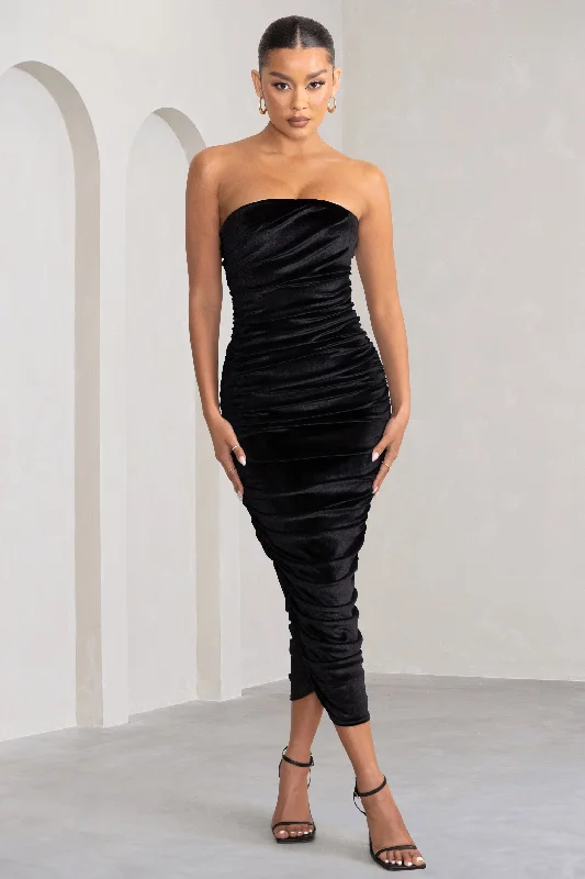 Maxi Dresses for City Nights -My Lady | Black Velvet Strapless Bodycon Ruched Maxi Dress