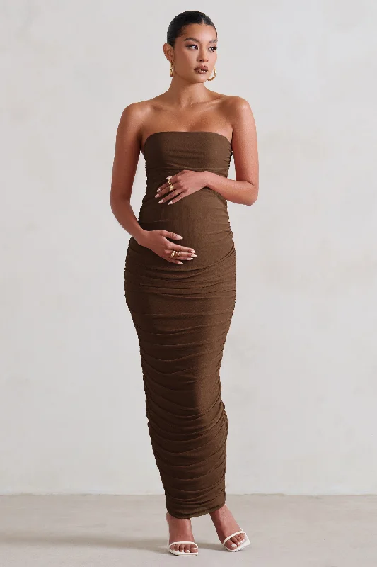 Checkered Maxi Dresses -My Lady | Maternity Chocolate Brown Strapless Bodycon Ruched Mesh Maxi Dress