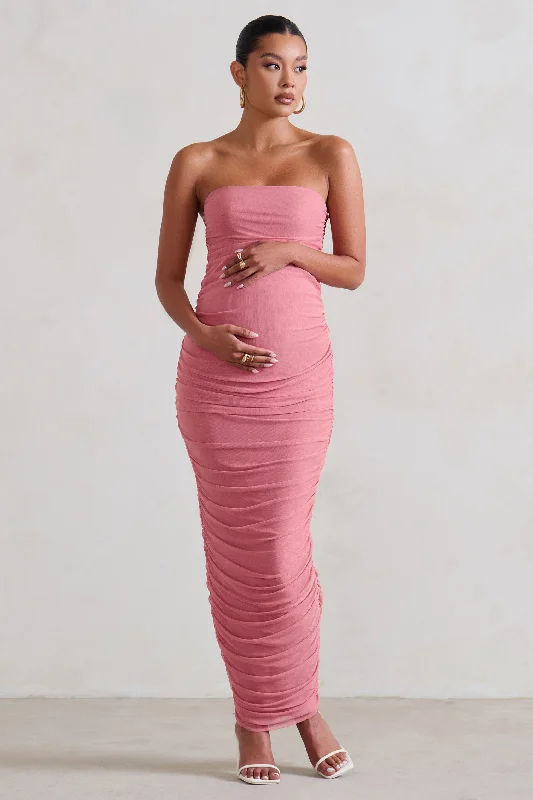 Minimal Maxi Dresses -My Lady | Maternity Blush Pink Strapless Bodycon Ruched Mesh Maxi Dress