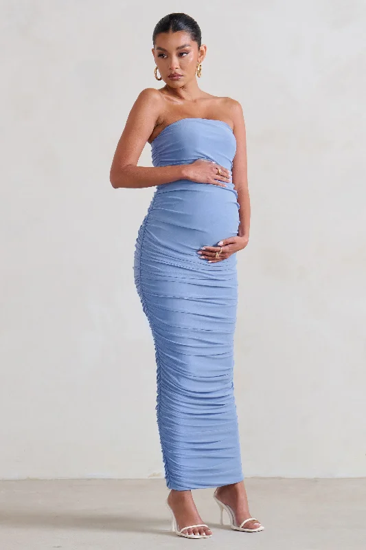 Vibrant Maxi Dresses -My Lady | Maternity Powder Blue Strapless Bodycon Ruched Mesh Maxi Dress