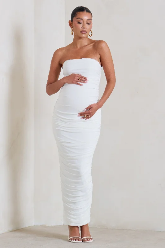 Glitter Maxi Dresses -My Lady | Maternity White Strapless Bodycon Ruched Mesh Maxi Dress