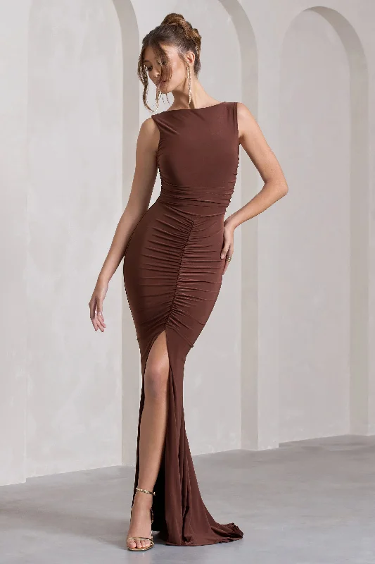 Mesh-Edge Maxi Dresses -My Presence | Chocolate Brown Low-Back Fishtail Split Maxi Dress