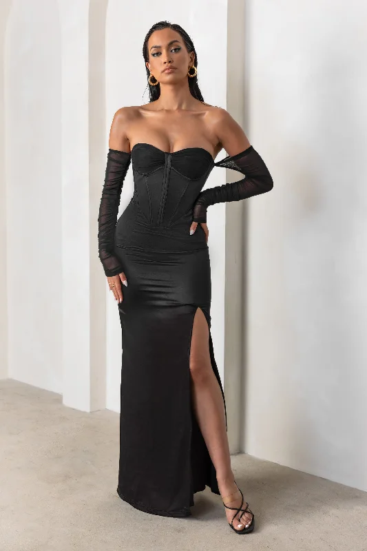 Flounce-Back Maxi Dresses -My Prize | Black Satin Bardot Mesh Long Sleeve Maxi Dress With Thigh Split