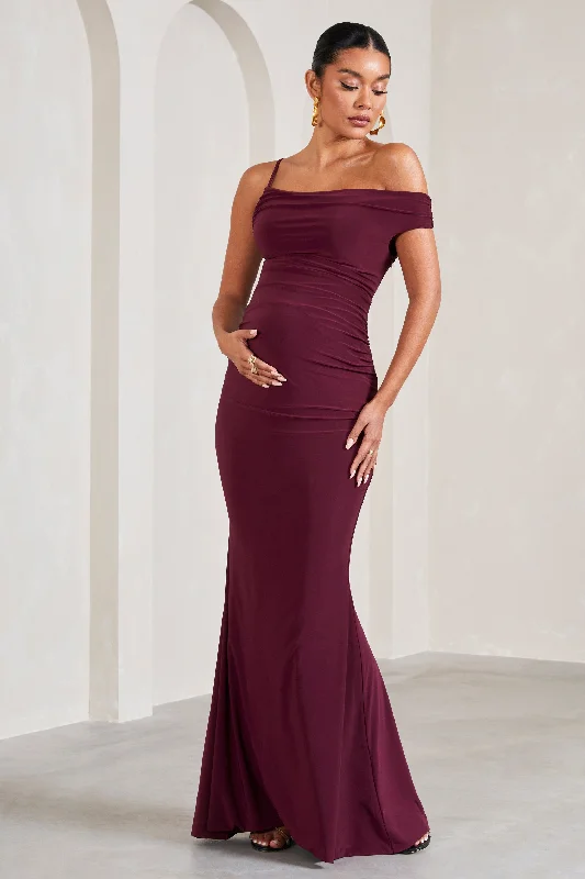 Scoop-Back Maxi Dresses -My Wish | Burgundy Strappy Asymmetric Maternity Maxi Dress