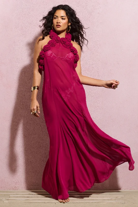 Smocked-Top Maxi Dresses -Naelya | Dark Pink Chiffon Halter-Neck Maxi Dress With Corsages