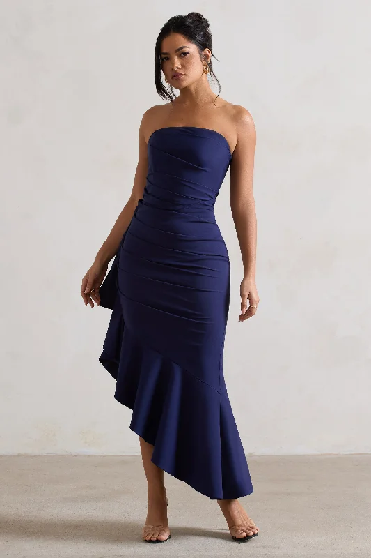 Loose-Edge Maxi Dresses -New Age | Navy Strapless Asymmetric Ruffled Maxi Dress