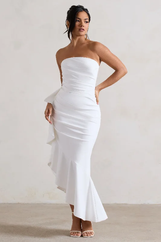 Curved-Back Maxi Dresses -New Age | White Strapless Asymmetric Ruffled Maxi Dress