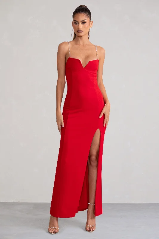 Twist-Back Maxi Dresses -Notes To Self | Red Square Neck Thigh Split Maxi Dress