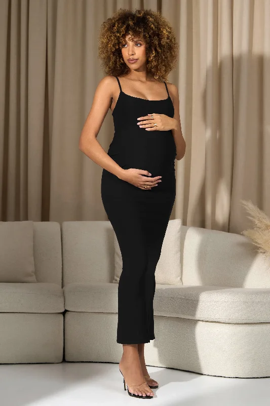 Beaded Maxi Dresses -Oakley | Black Strappy Square-Neck Split Maternity Maxi Dress