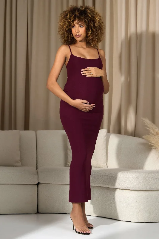 Tie-Front Maxi Dresses -Oakley | Burgundy Strappy Square-Neck Split Maternity Maxi Dress