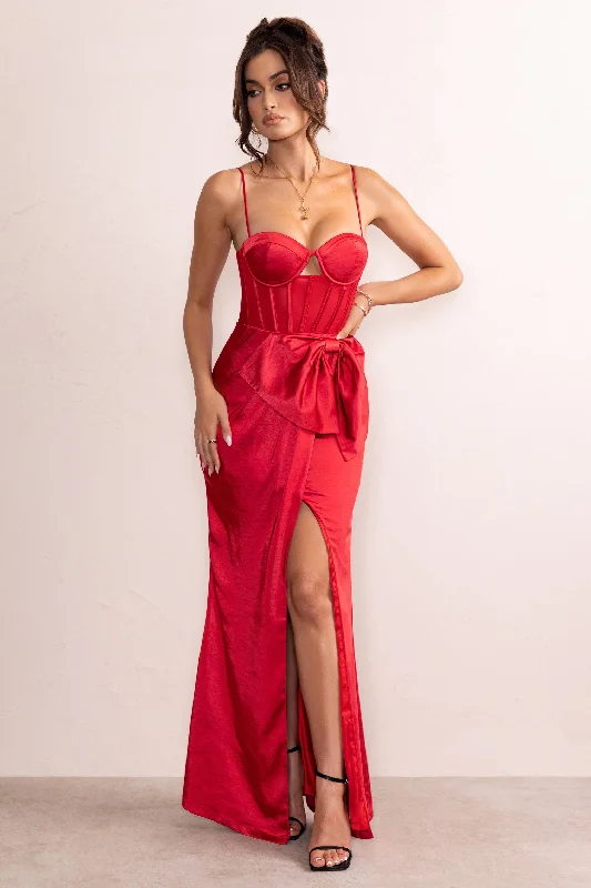 Maxi Dresses for Roof Dates -Odette | Red Satin Sweetheart Corset Bow Detail Maxi Dress