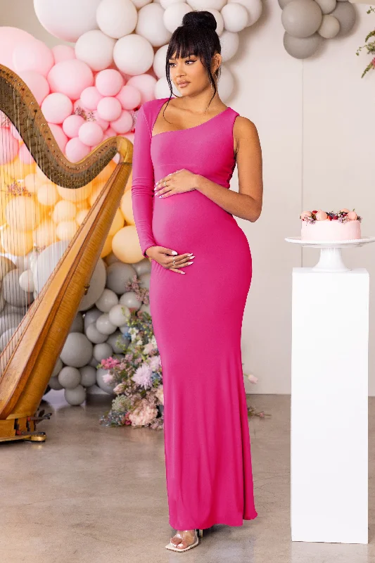 Halter Maxi Dresses for Summer -Oh Baby | Hot Pink Maternity One Shoulder Bodycon Maxi Dress