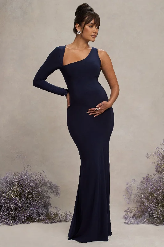 Dotted Maxi Dresses -Oh Baby | Navy Maternity One Shoulder Bodycon Maxi Dress