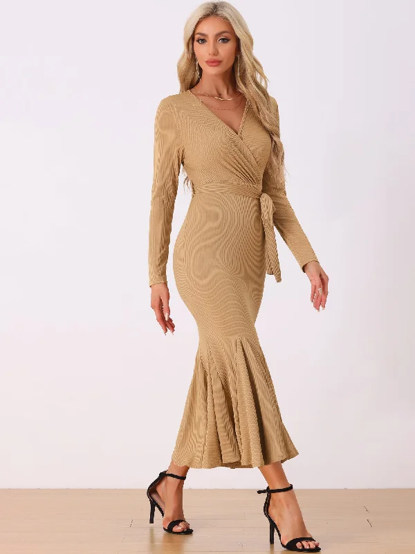 Shimmer Maxi Dresses -Solid Belted Long Sleeves Bodycon Fishtail Mermaid Maxi Dress