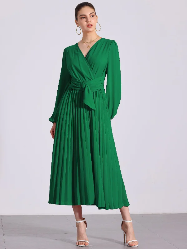 Maxi Dresses for Night Outings -Pleated V Neck Puff Sleeve Tie Waist A-Line Maxi Dress