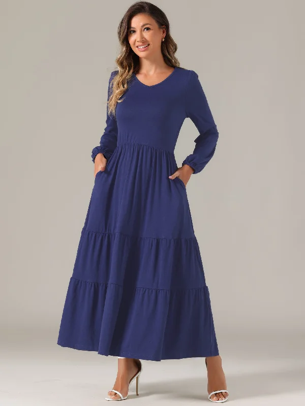 Maxi Dresses for Evening Brunches -Crew Neck Long Sleeve Pockets Tiered A-Line Maxi Dress