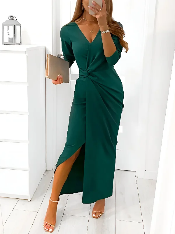 Maxi Dresses for Wine Tastings -V Neck Long Sleeves Ruched Slit Bodycon Maxi Dress